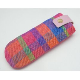 手織りリネンのメガネケース　コーラルオレンジ