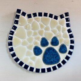 鍋敷：猫顔柄～ネイビータイル枠&ブルー肉球