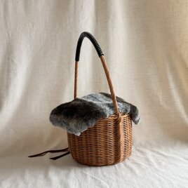 【セット商品】ラタン（籐）の手編み　バケツ型かごバッグ/インナーバック・ファーカバー付き