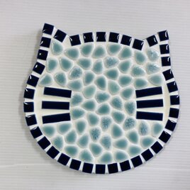 鍋敷：猫顔柄～ネイビータイル枠&髭