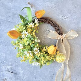 ミモザとチューリップのリース（直径約25cm） /アーティフィシャルフラワー/BOX付き/新築祝い/