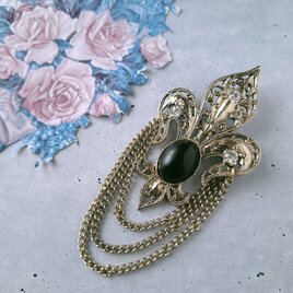 fleur-de-lis black cabochon rhinestone chain dangle ヴィンテージブローチ