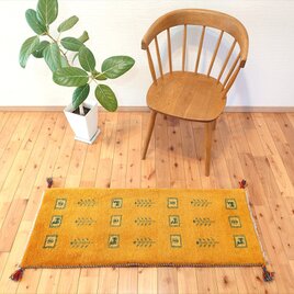 ペルシャ　ギャッベ ミニランナー　116x43cm  黄色　パネル　生命の木　ヤギ　羊　RJ15873