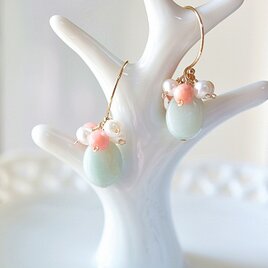 14kgf＊アマゾナイト(オーバルカット)×サンゴのミルキーカラーピアス