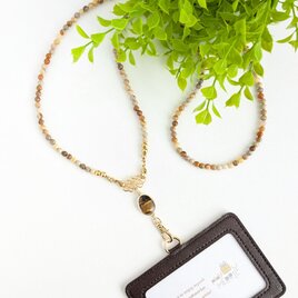 天然石ネックレスとしても..【2way＊フォシルコーラルのネックストラップ/タイガーアイチャーム】IDホルダー 社員証 名札