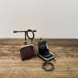姫路レザーminiminiコインケース◆焦げ茶　革財布　キーホルダー　小物入れ　バックチャーム　がま口　リングケース