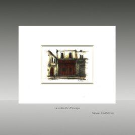 小さな絵「Le cafe d'un Passage」風景画 パリ 版画