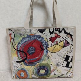 幾何学模様×淡いベージュの大きめトート(フランス生地）