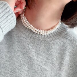 B級だけど活躍してくれる　2連３連にできる 淡水パール 超ロングネックレス 116cm　クリームホワイト