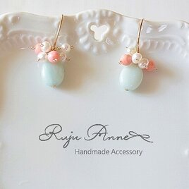 14kgf＊アマゾナイト(オーバルカット)×サンゴのミルキーカラーピアスのコピー