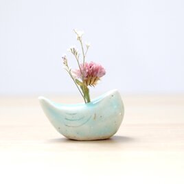 小鳥の花挿しオブジェ 水色ガラス ＊ ドライフラワー付き