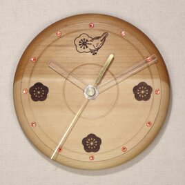 木の時計　梅とウグイスの焼絵