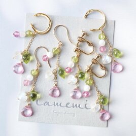 「花より団子」天然石 ピアス イヤリング 誕生石 春色 和菓子 三色団子 ミニチュア K18 K14 金属アレルギー対応