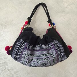ヴィンテージ 民族刺繍　藍染ハンドバッグ　★　モン族
