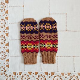 フェアアイル柄ミトン～キャメルXレッドXネイビー