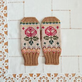 ROSE柄ミトン～キャメルXレッド