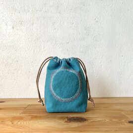 刺繍入り巾着袋 ターコイズ