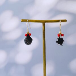 14KGF レッドコーラルとブラックストライプアゲートの小さめピアス イヤリング