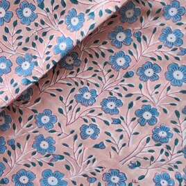 インド ブロックプリント生地 [50cm単位切り売り] サンガネリ ブルーフラワーonピンク SA 花 IF0454