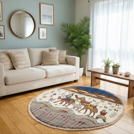 ペルシャ　ギャッベ　アマレバフト　円形　ラグ　100Φ100cm　風景　ラクダ　RJ8713