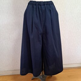 コットンリネン　ガウチョパンツ　フレアーパンツ　綿麻　ネイビー　紺　フリー