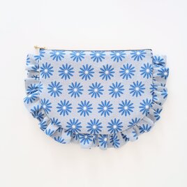 リトアニアリネンのフリルポーチ 20cmファスナー フラットポーチ マーガレット 花柄 ギフト 大人可愛い 上品 ブルー