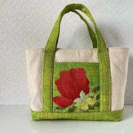 帯リメイクバッグ・赤い花とグリーンの和モダントート