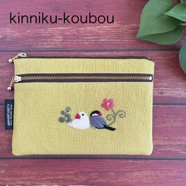 寄り添う文鳥のダブルファスナーポーチ/フラットポーチ/通帳ポーチ/お薬手帳ポーチ/白文鳥/桜文鳥