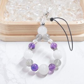 ✦天使の守護石 心安らぐ癒しのストラップ◎エンジェルクォーツ ムーンストーン  パワーストーンストラップ No779S