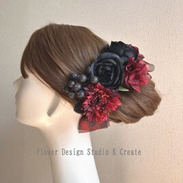 黒い薔薇とドットリボンのヘッドドレス　髪飾り　赤　黒　黒い薔薇　ドット　水玉　フラメンコ　発表会　ヘッドピース