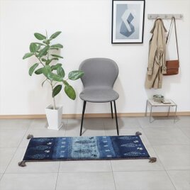 ペルシャ ギャッベ ミニランナー118x40cm 藍色　青色　水色　糸杉　生命の木 ヤギ　羊　RJ16251
