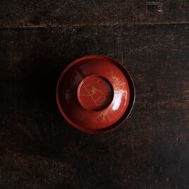 亀と鶴◆扇子と梅。古輪島塗　漆芸沈金蓋付椀　古漆器　古民家　骨董・antiques 大正~昭和初期