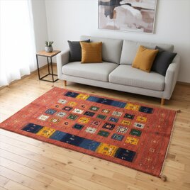 ペルシャ ギャッベ リビング敷　ラグ 188x145cm 桃色　赤色　パネル　ヤギ　羊　RJ5457