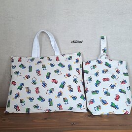 【入園・入学】働く車：入園バッグ２点セット：ホワイト【0839】