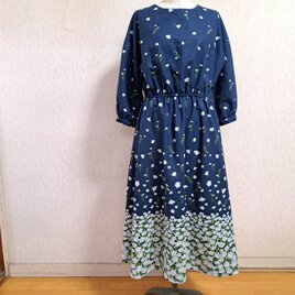 コットンリネン　ネモフィラ　ワンピース　ネイビー　紺　Lサイズ