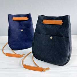 星降る岡山デニム　栃木レザー　2way　しずく型　巾着　ショルダーバッグ　　軽量　　インディゴ　ブラック