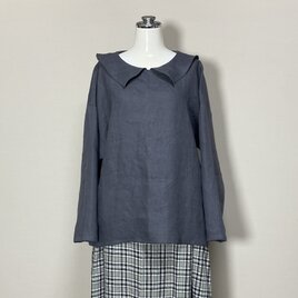 カラーリネン◆ひらっとカラーブラウス　長袖◆ブルーグレー◆フリーサイズ（中厚、リネン100％）