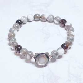 黒猫ブレスレット｜優しく、強い自分へ♪ブラックシェル（黒ネコ・黒ねこ）・マザーオブパール・モリオン 天然石ブレス No.852