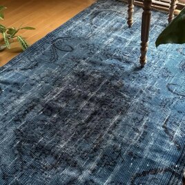 大判114.5×240レアブルーオーバーダイ　メダリオン　トルコヴィンテージラグ