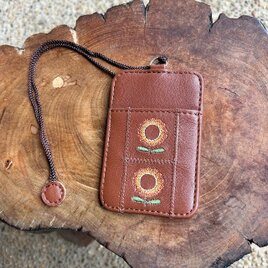 両面パスケース 2枚用 （ブラウン＋花刺繍）03005-27