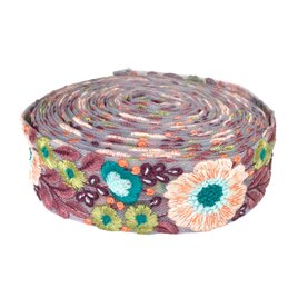 インド刺繍リボン50cm切り売り フォークロアフラワー チュールブルー地 4.3cm幅 花 R-0845
