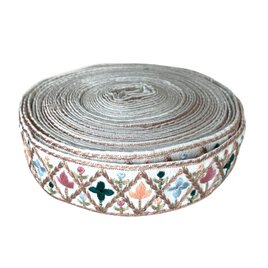 インド刺繍リボン50cm切り売り フォークロア フラワーダイア アイボリー 3.4cm幅 花 HC R-0847