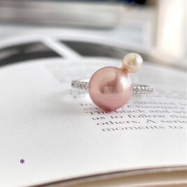 桜ピンクとクリームイエロー 天然淡水パール 2粒並べた モダンリング 2本から選べます