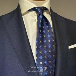 【受注製作】ブルー　小紋柄　フラワー　イタリア　ネクタイ　プレゼント　ギフト　【別途】名入れ　イニシャル　刺繍　