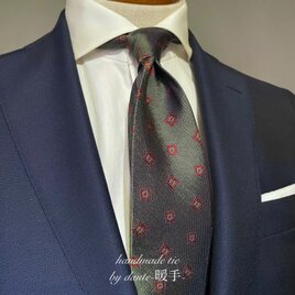 【受注製作】モスグリーン　小紋柄　フラワー　イタリア　ネクタイ　プレゼント　ギフト　【別途】名入れ　イニシャル　刺繍　