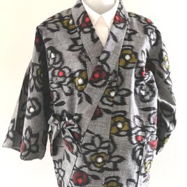 二部式上着　久留米紬（グレイ地赤黄無花文）ポケ〇