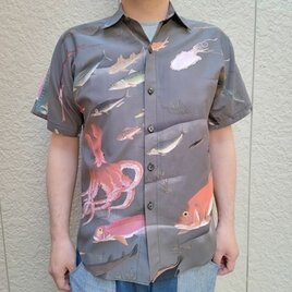 半袖和柄シャツ（若冲　魚群図）