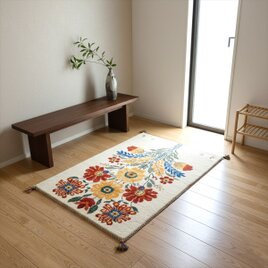ペルシャ　ギャッベ　マット大　ラグ　118x82cm　アイボリー　色とりどりの花　RJ13294