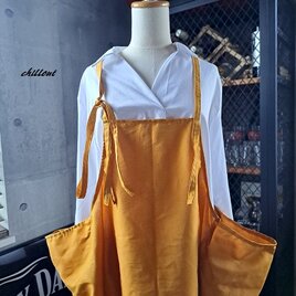 【背中がかわいい】エプロンドレス：マスタード：コットン【0935】