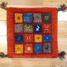 ペルシャ　ギャッベ　ミニマット　40x40cm　茜色　カラフルなパネル　タイル　Z2541
